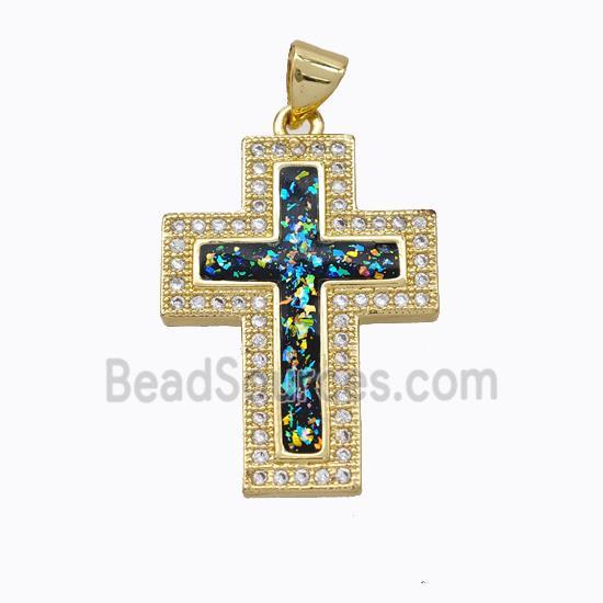 Copper Cross Pendant Micropave Zirconia Multicolor Fire Opal 18K Gold Plated