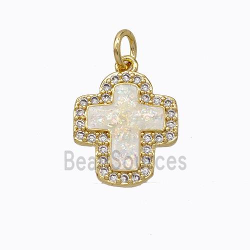 Copper Cross Pendant Micropave Zirconia White Fire Opal 18K Gold Plated