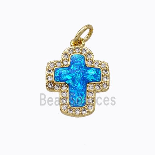 Copper Cross Pendant Micropave Zirconia Blue Fire Opal 18K Gold Plated