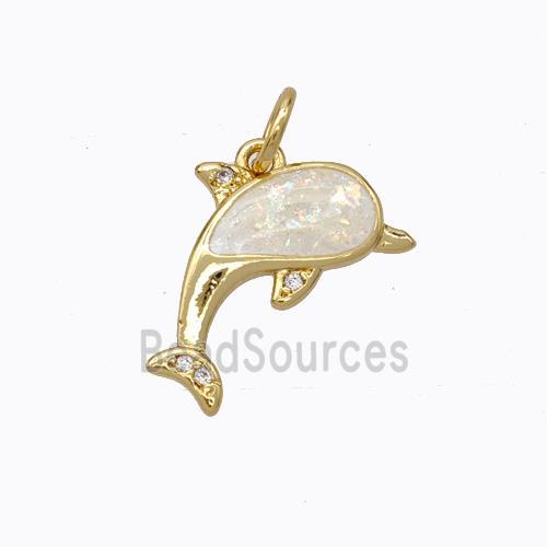 Copper Dolphin Pendant Micropave Zirconia White Fire Opal 18K Gold Plated