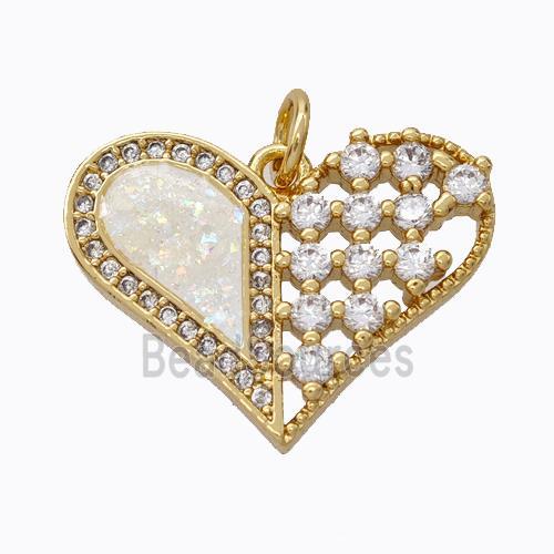 Copper Heart Pendant Micropave Zirconia White Fire Opal 18K Gold Plated