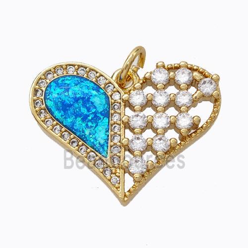 Copper Heart Pendant Micropave Zirconia Blue Fire Opal 18K Gold Plated