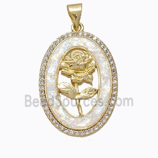 Copper Flower Pendant Micropave Zirconia White Fire Opal Oval 18K Gold Plated