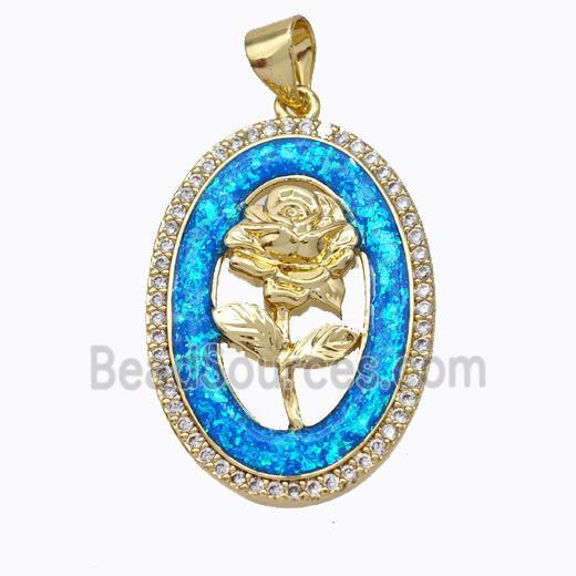 Copper Flower Pendant Micropave Zirconia Blue Fire Opal Oval 18K Gold Plated