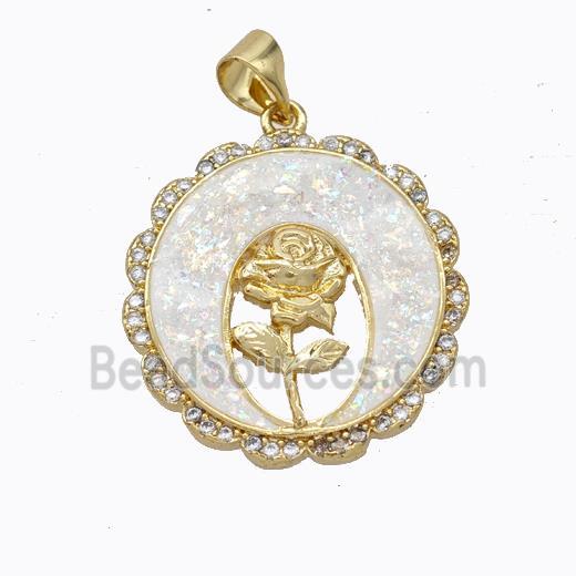 Copper Flower Pendant Micropave Zirconia White Fire Opal Circle 18K Gold Plated