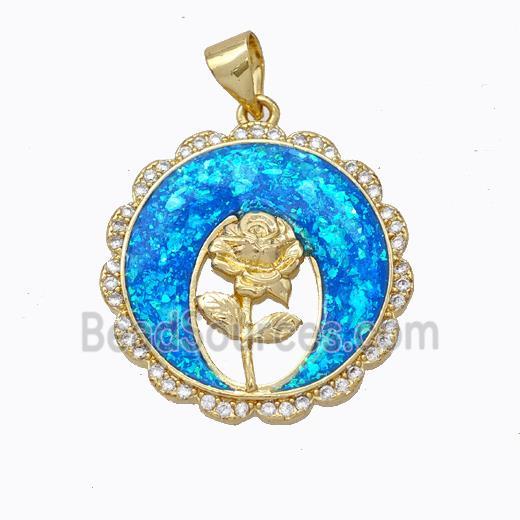 Copper Flower Pendant Micropave Zirconia Blue Fire Opal Circle 18K Gold Plated