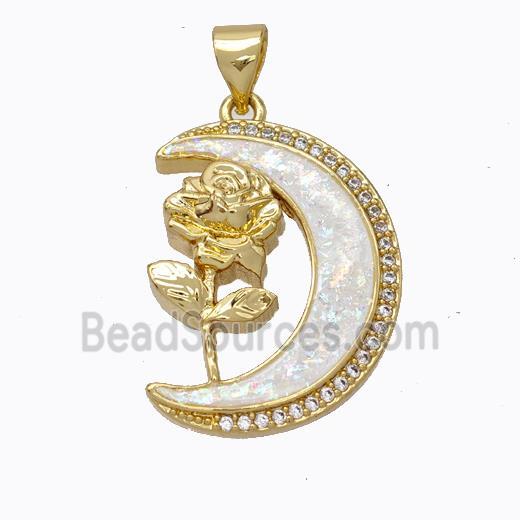 Copper Flower Pendant Micropave Zirconia White Fire Opal Moon 18K Gold Plated