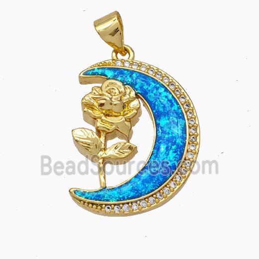 Copper Flower Pendant Micropave Zirconia Blue Fire Opal Moon 18K Gold Plated