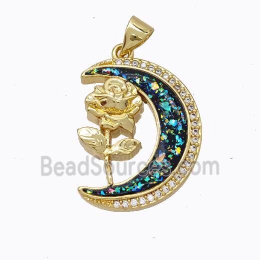 Copper Flower Pendant Micropave Zirconia Multicolor Fire Opal Moon 18K Gold Plated