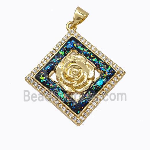 Copper Flower Pendant Micropave Zirconia Multicolor Fire Opal Square 18K Gold Plated