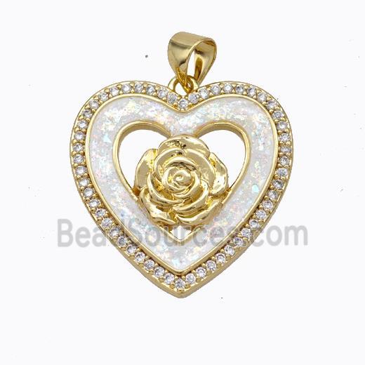 Copper Heart Pendant Micropave Zirconia White Fire Opal Flower 18K Gold Plated