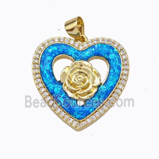 Copper Heart Pendant Micropave Zirconia Blue Fire Opal Flower 18K Gold Plated