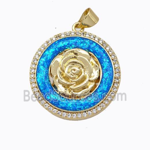 Copper Flower Pendant Micropave Zirconia Blue Fire Opal Circle 18K Gold Plated