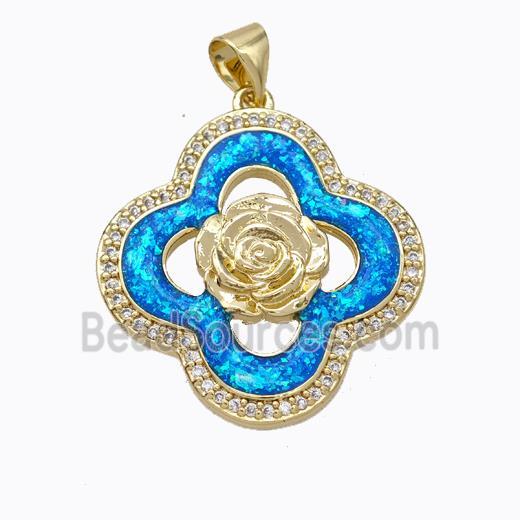 Copper Clover Pendant Micropave Zirconia Blue Fire Opal Flower 18K Gold Plated