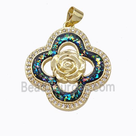 Copper Clover Pendant Micropave Zirconia Multicolor Fire Opal Flower 18K Gold Plated