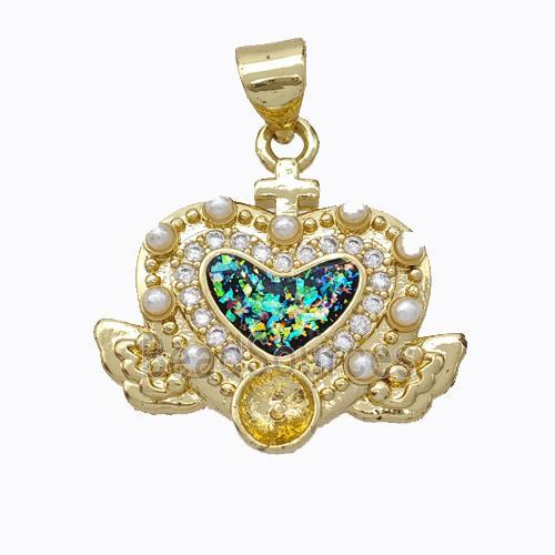 Copper Heart Pendant Micropave Zirconia Multicolor Fire Opal Angelwings 18K Gold Plated