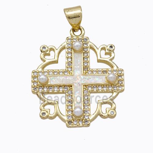 Copper Cross Pendant Pave White Fire Opal 18K Gold Plated