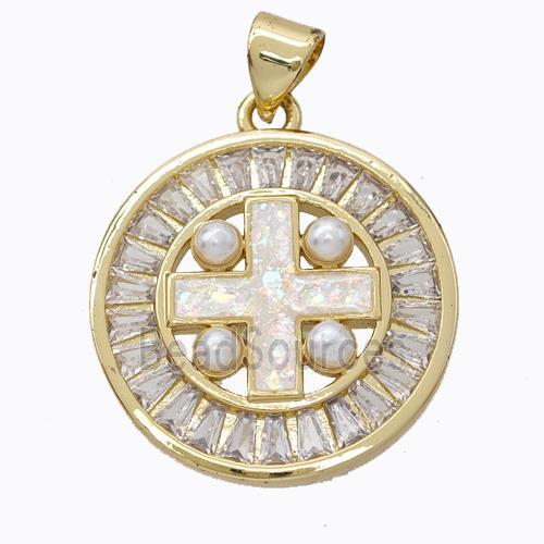 Copper Cross Pendant Pave Zirconia White Fire Opal Circle 18K Gold Plated