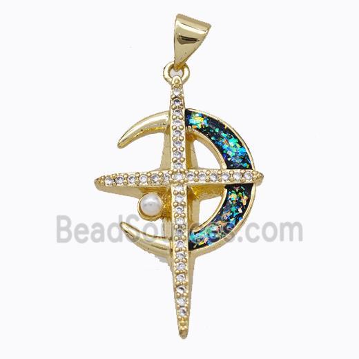 Copper Moon Pendant Pave Multicolor Fire Opal Cross 18K Gold Plated