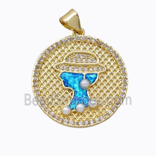 Beauty Charms Copper Circle Pendant Pave Zirconia Fire Opal 18K Gold Plated