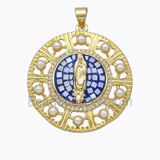 Virgin Mary Charms Copper Circle Pendant Pave Shell Resin 18K Gold Plated