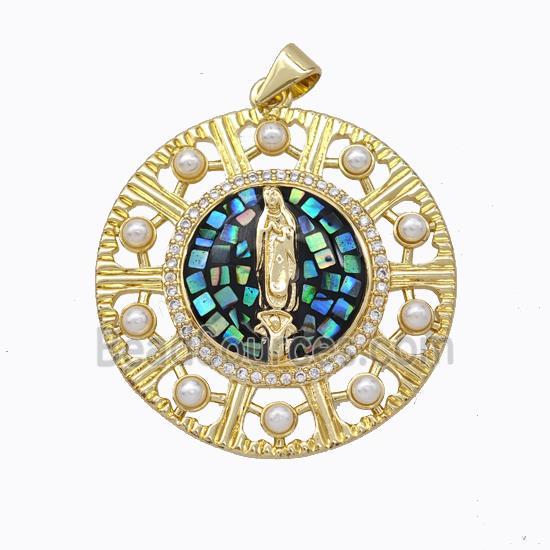 Virgin Mary Charms Copper Circle Pendant Pave Abalone Shell Resin 18K Gold Plated