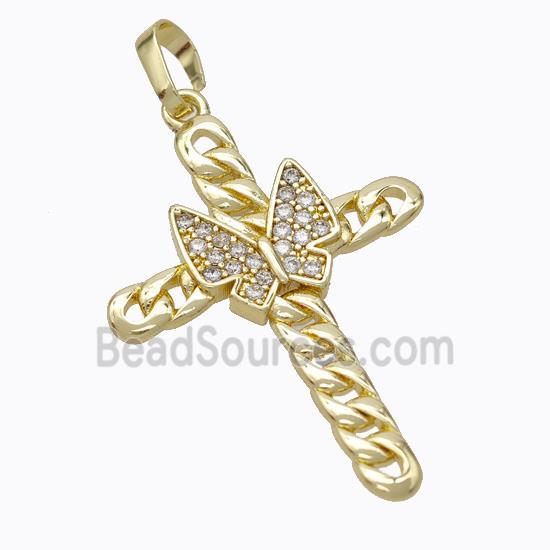 Copper Cross Pendant Pave Zirconia Butterfly Gold Plated