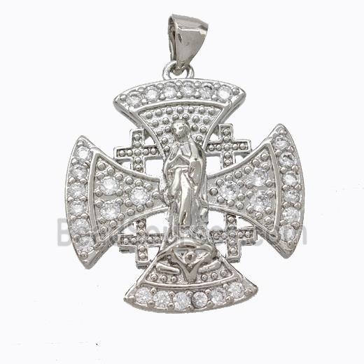 Copper Cross Pendant Pave Zirconia Virgin Mary Platinum Plated