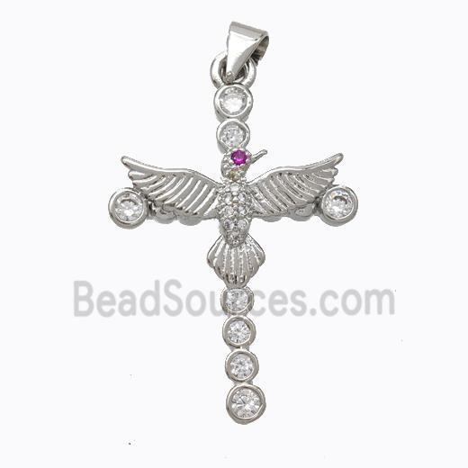 Copper Cross Pendant Pave Zirconia Birds Platinum Plated