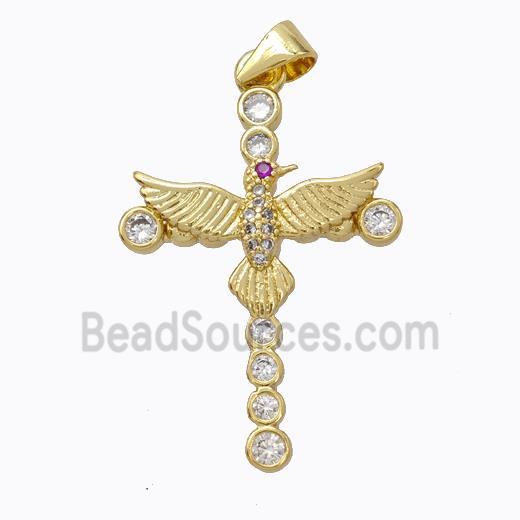 Copper Cross Pendant Pave Zirconia Birds Gold Plated