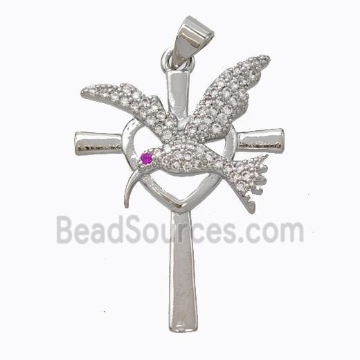 Copper Cross Pendant Pave Zirconia Birds Platinum Plated