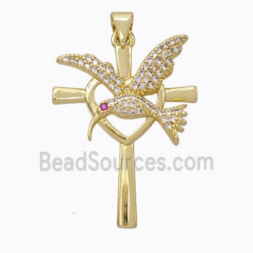 Copper Cross Pendant Pave Zirconia Birds Gold Plated