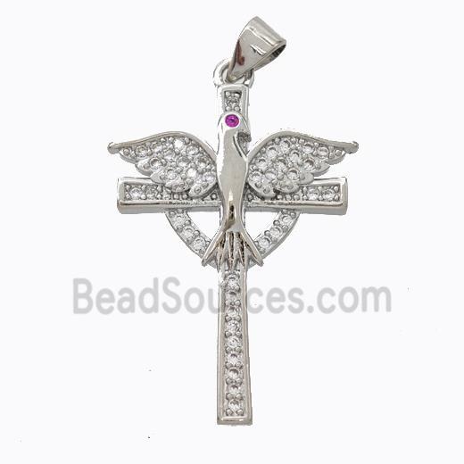 Copper Cross Pendant Pave Zirconia Birds Platinum Plated