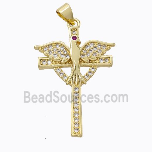 Copper Cross Pendant Pave Zirconia Birds Gold Plated