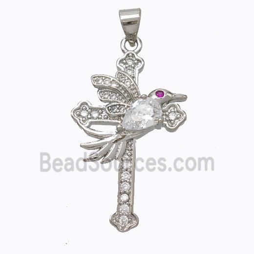 Copper Cross Pendant Pave Zirconia Birds Platinum Plated