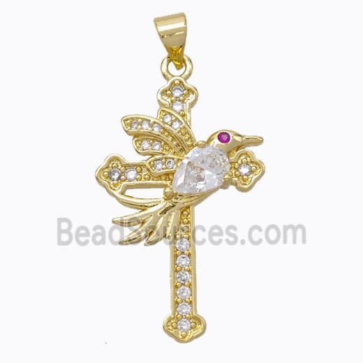 Copper Cross Pendant Pave Zirconia Birds Gold Plated