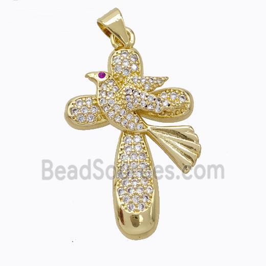 Copper Cross Pendant Pave Zirconia Birds Gold Plated