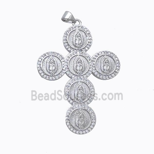 Copper Cross Pendant Pave Zirconia Virgin Mary Platinum Plated