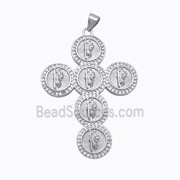 Copper Cross Pendant Pave Zirconia Saint Jude Platinum Plated