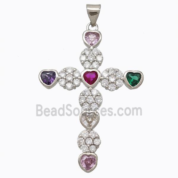 Copper Cross Pendant Micropave Zirconia Heart Platinum Plated