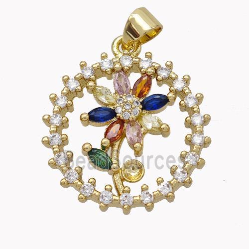 Copper Flower Pendant Micropave Zirconia Gold Plated