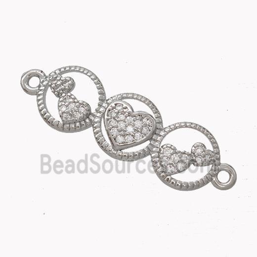 Heart Links Copper Connector Micropave Zirconia Platinum Plated