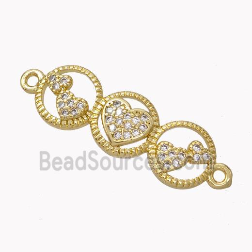 Heart Links Copper Connector Micropave Zirconia Gold Plated