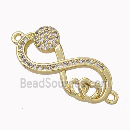 Copper Infinity Connector Micropave Zirconia Heart Gold Plated