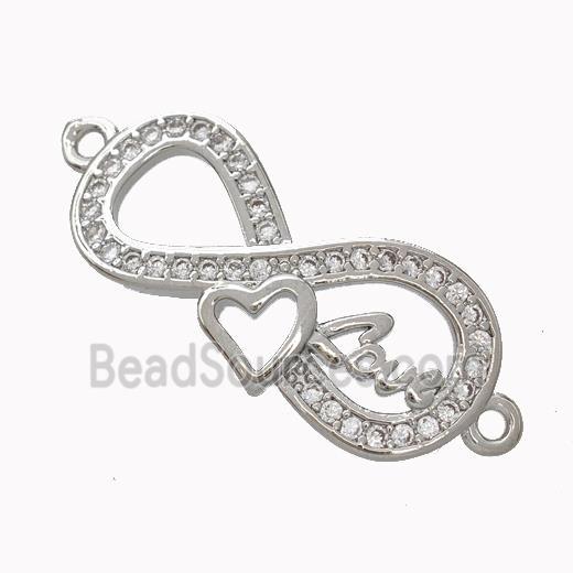 Copper Infinity Connector Micropave Zirconia Heart Love Platinum Plated