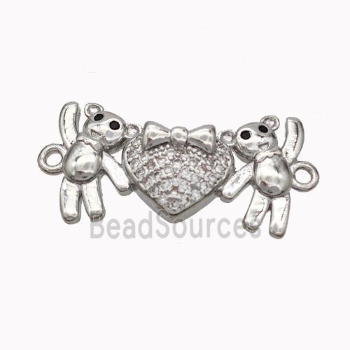 Copper Bear Connectore Pave Zirconia Heart Platinum Plated