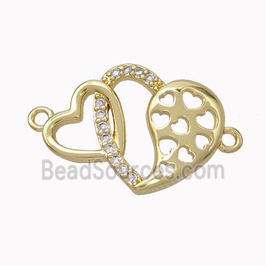 Copper Heart Connector Micropave Zirconia Gold Plated