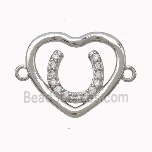 Copper Heart Connector Micropave Zirconia Horseshoe Platinum Plated