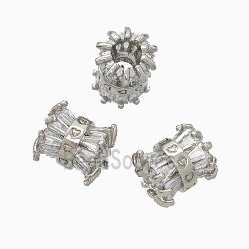 Copper Tube Beads Pave Zirconia Large Hole Platinum Plated