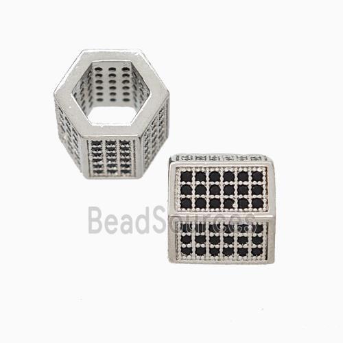 Copper Hexagon Tube Beads Micropave Zirconia Large Hole Platinum Plated